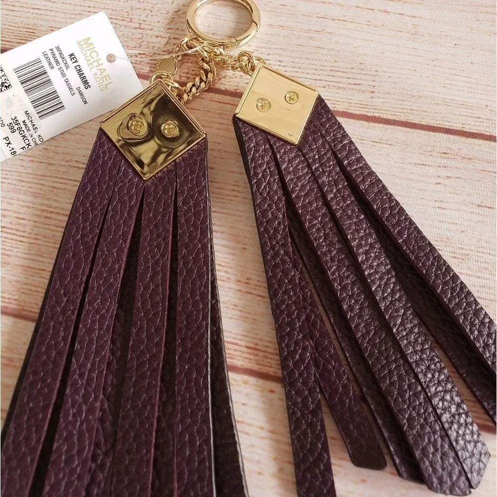 Michael Kors Pyramid Studded Tassels Pebbled Leather Keychain Handbag Charm
